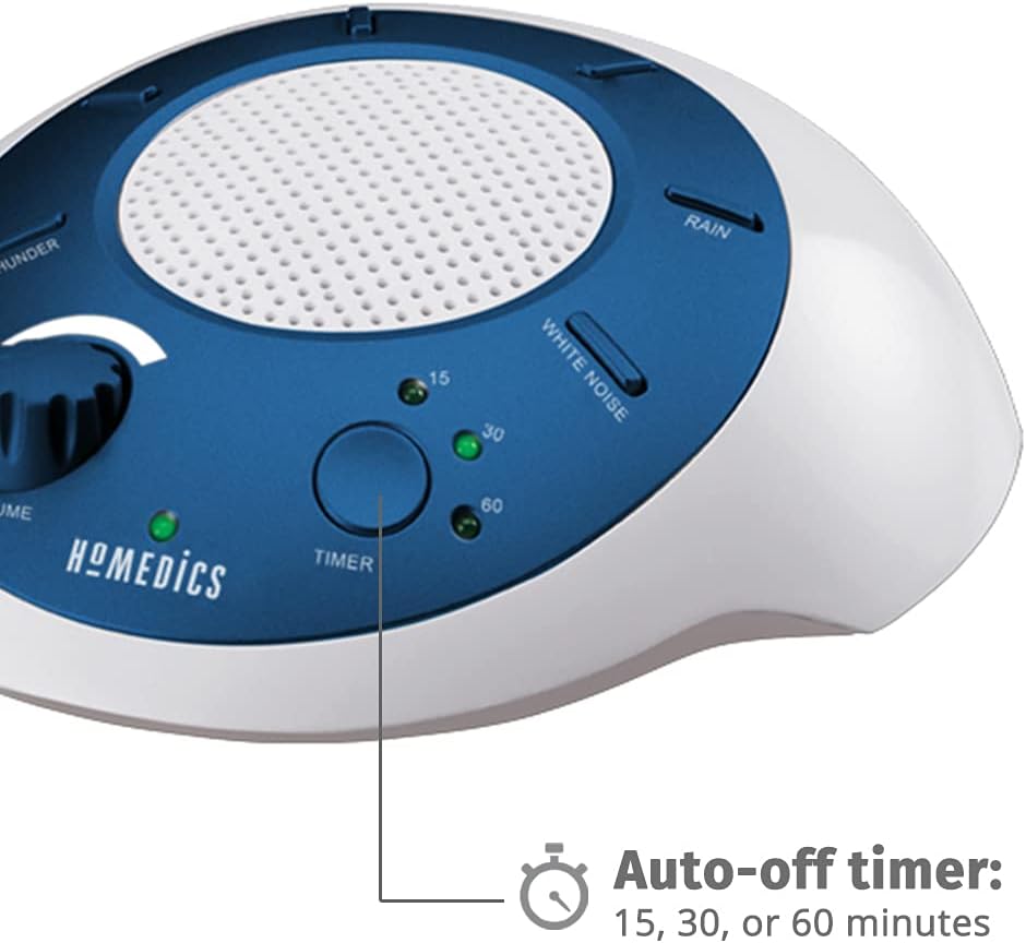 Homedics SoundSleep White Noise Sound Machine, Blue, Small Travel Sound Machine with 6 Relaxing Nature Sounds, Portable Sound Therapy for Home, Office, Nursery, Auto-Off Timer, by Homedics