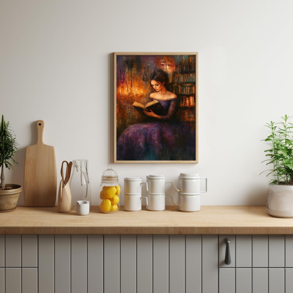 Victorian Woman Reading in Candlelit Library Dark Academia Wall Art posters Print,Vintage Dark Academia Aesthetic moody wall art Reading Nook book room wall decor 08x10in Unframed