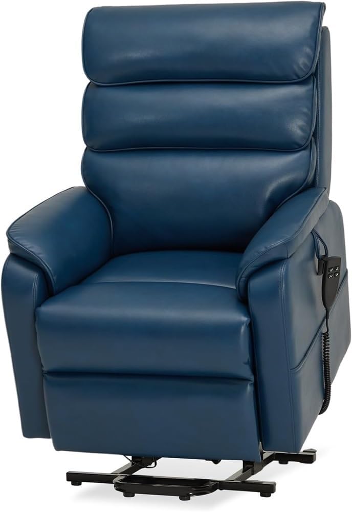 Power Dual Motor Lift Recliner Chair for Elderly with Infinite Position Recline Heat and Massage Adjustable Electric Lay Flat Sofa Dark Blue Leather Living Room Furniture