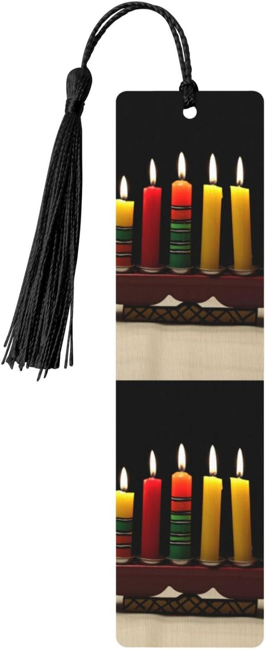 Kwanzaa Candles Wooden Bookmarks Handmade Double-Sided Printed Book Marks Page Markers with Black Tassels Book Accessories Gift for Book Lovers Women Men