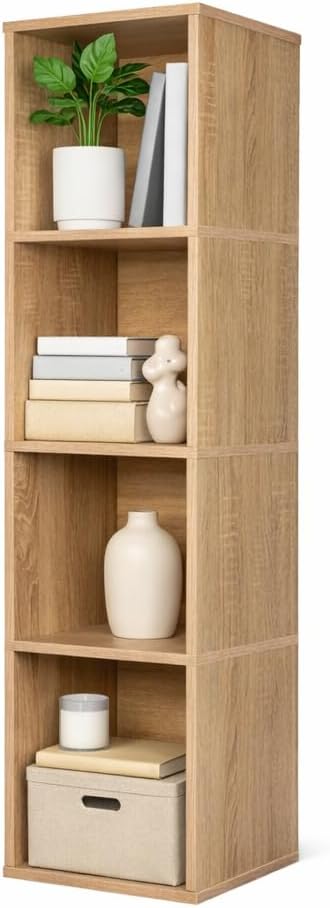 Cube Storage Organizer Wooden Bookshelf, 3 Tier Cube Shelf Bookcase, Small Bookshelf Storage Organizer, Narrow Cube Storage Shelf for Bedroom, Small Bookshelf for Living Room and Office (4 cube)