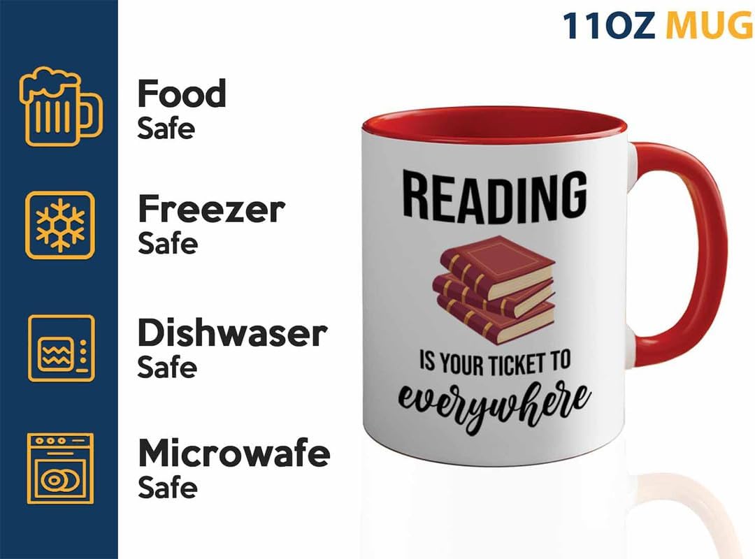 Bookish 2Tone Mug 11oz Red -Reading ticket to everywhere - Novel enthusiast Book Club Librarian Book Lover Writer Reader Bibliophile