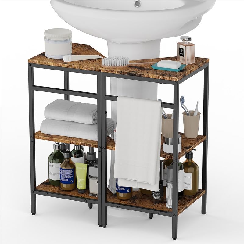 CADUKE Pedestal Sink Storage, 2 Pack Under Sink Organizer Shelf Bathroom Under Vanity Storage Shelf for Small Space, Bathroom Organizers Rack Stand 3 Tier Wooden Corner Shelves, Rustic Brown