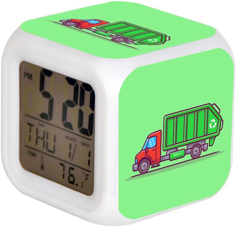 7 Colors LED Alarm Clock Digital Thermometer Alarm Clock Night Light for Kids Bedroom Home Decor Garbage Truck Cartoon