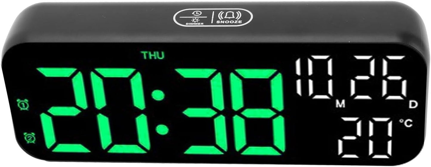 plplaaoo Digital Clock LED Display Voice Control Brightness Adjustable Date Temperature Countdown Timer Alarm Clock for Home Office Bedroom ABS 6.9in (Black Green Lamp)