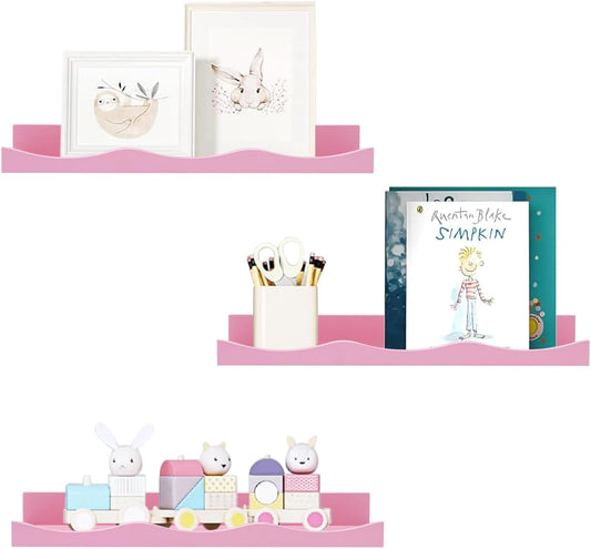 AZSKY Floating Bookshelf for Kids, Floating Shelves for Wall Cloud Picture Ledge Shelf Pink 16 Inches Nursery Book Shelves Set 3, Baby Book Shelf for Kids Room, Toddler Room, Baby Room, Nursery Decor