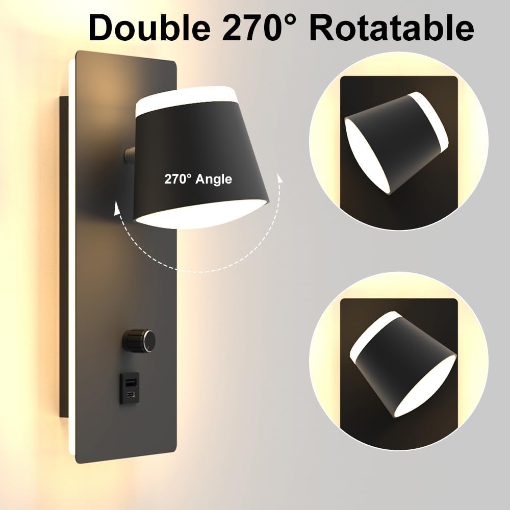 Sytmhoe LED Wall Sconce with Dimmer Switch,Modern Dimmable Bedside Wall Light with USB+Type C Port,3000K Up & Down Wall Mounted Lighting for Bedroom,Hallway,Stairway,Basement,Cafe,Home Decor(1 Pack)