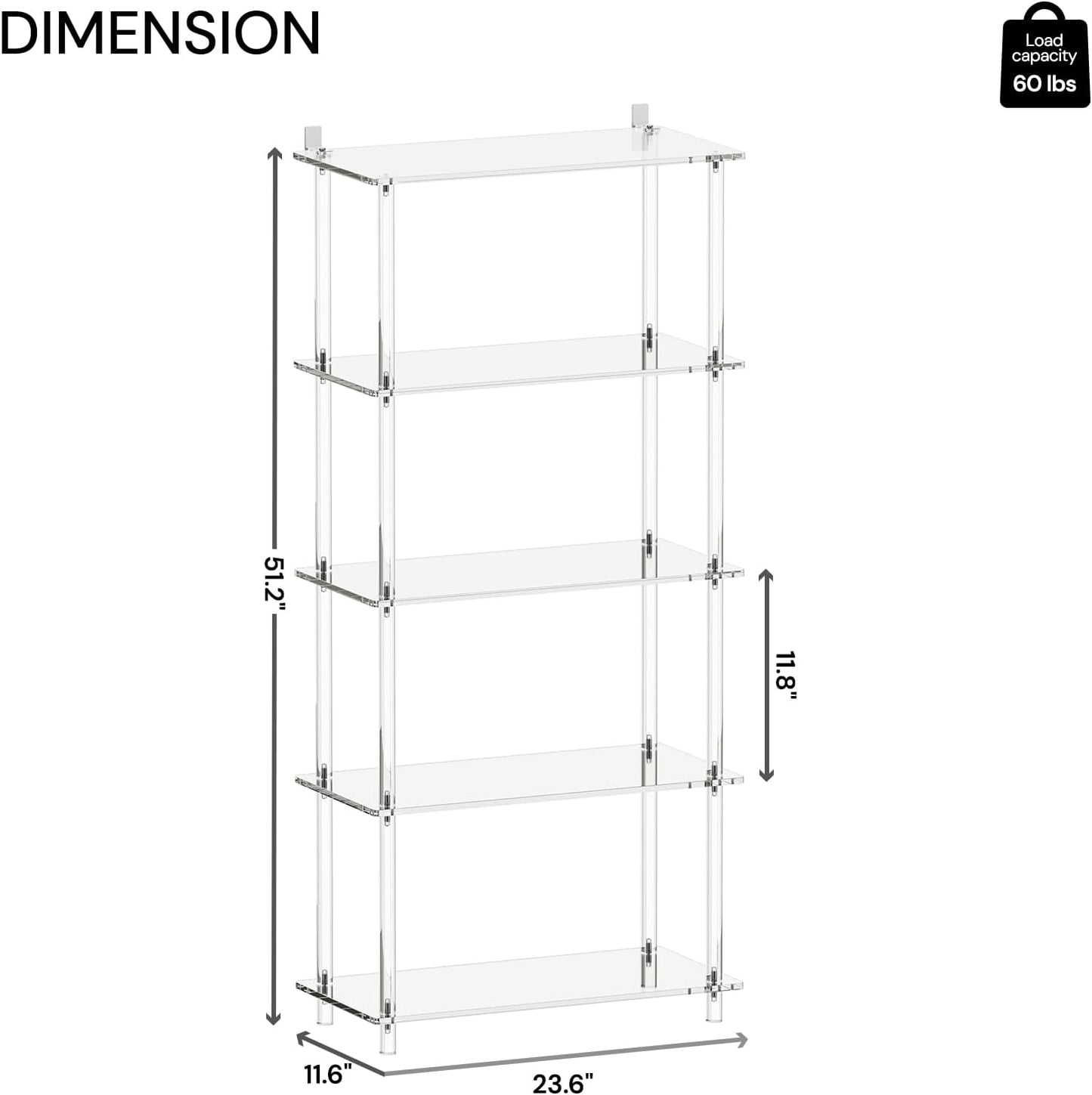 5-Tier Acrylic Bookshelf, 11.6" D x 23.6" W x 51.2" H, Modern Clear Bookcase for Home Office, Multifunctional Open Book Shelves for Living Room, Bedroom, Easy Assembly