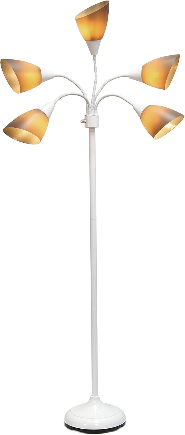 Simple Designs LF2006-GOW 67" Contemporary Multi Head Medusa 5 Light Adjustable Gooseneck White Floor Lamp with Gray Shades for Kids Bedroom Playroom Living Room Office