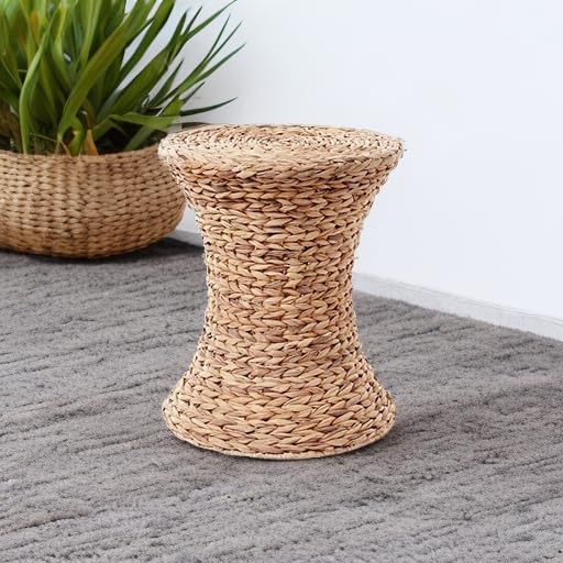 Household Essentials Handwoven Water Hyacinth Wicker Stool with Hourglass Shape, White Wash Finish
