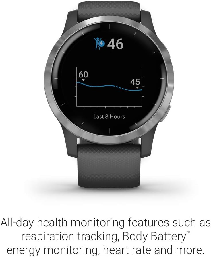 Garmin 010-02174-01 vivoactive 4, GPS Smartwatch, Features Music, Body Energy Monitoring, Animated Workouts, Pulse Ox Sensors and More, Silver with Gray Band