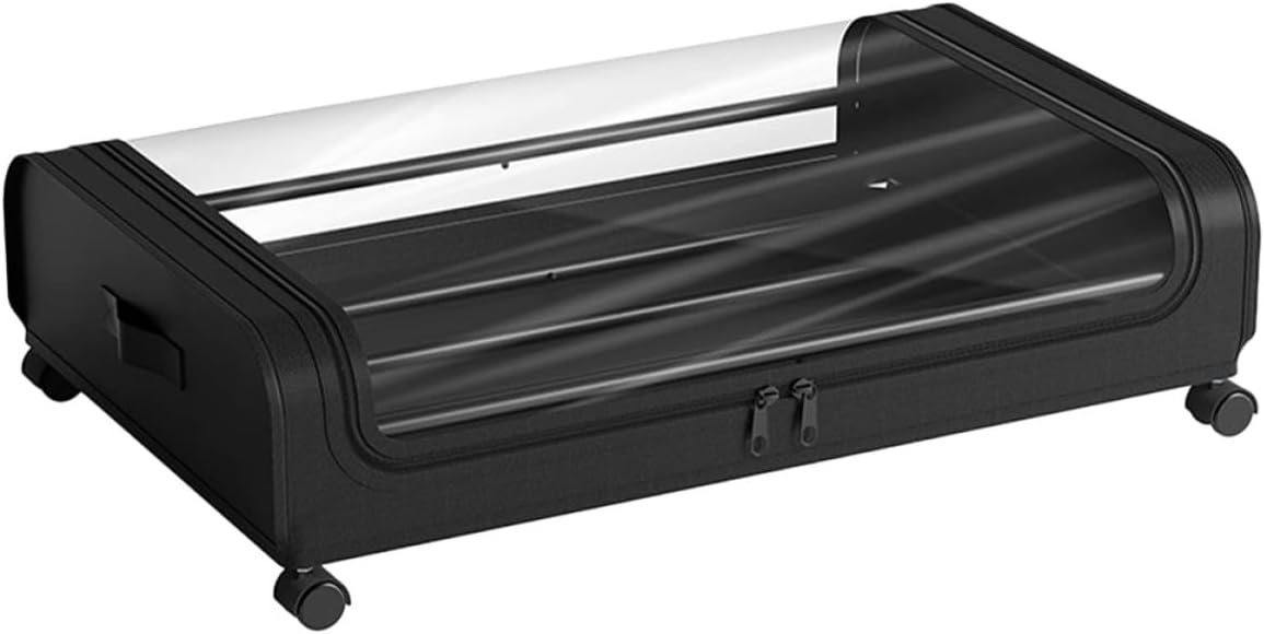 PRETYZOOM Bed Organizer Storage Box with Wheels, Lid, Black Plastic Sturdy Multi-functional Bedroom Storage Cart for Clothes and Books Dustproof