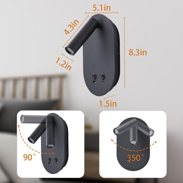 Wall Lamp Plug in Hardwired 2 in 1 Wall Sconces, Wall Mounted Reading Light with USB Type C Ports, Adjustable Bedside Headboard Spotlight, Bedside Lamp with 9W+3W Night Light 3000K (Black)