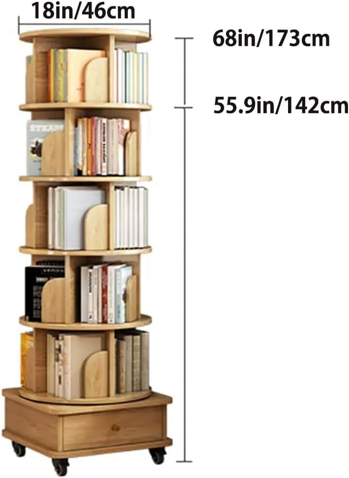 5-Tier Rotating Bookshelf Tower - Space-Saving Wood & Metal Bookcase on Wheels for Corner Living Room, Bedroom, or Study - Modern Floor Standing Design