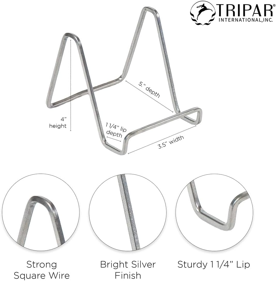 TRIPAR 2-Pack 4-Inch Metal Silver Painted Square Book Holder/Stand, Wire Mini Easel, Small Photo Stands for Table, Display for Picture Frames, Plaques & Plates