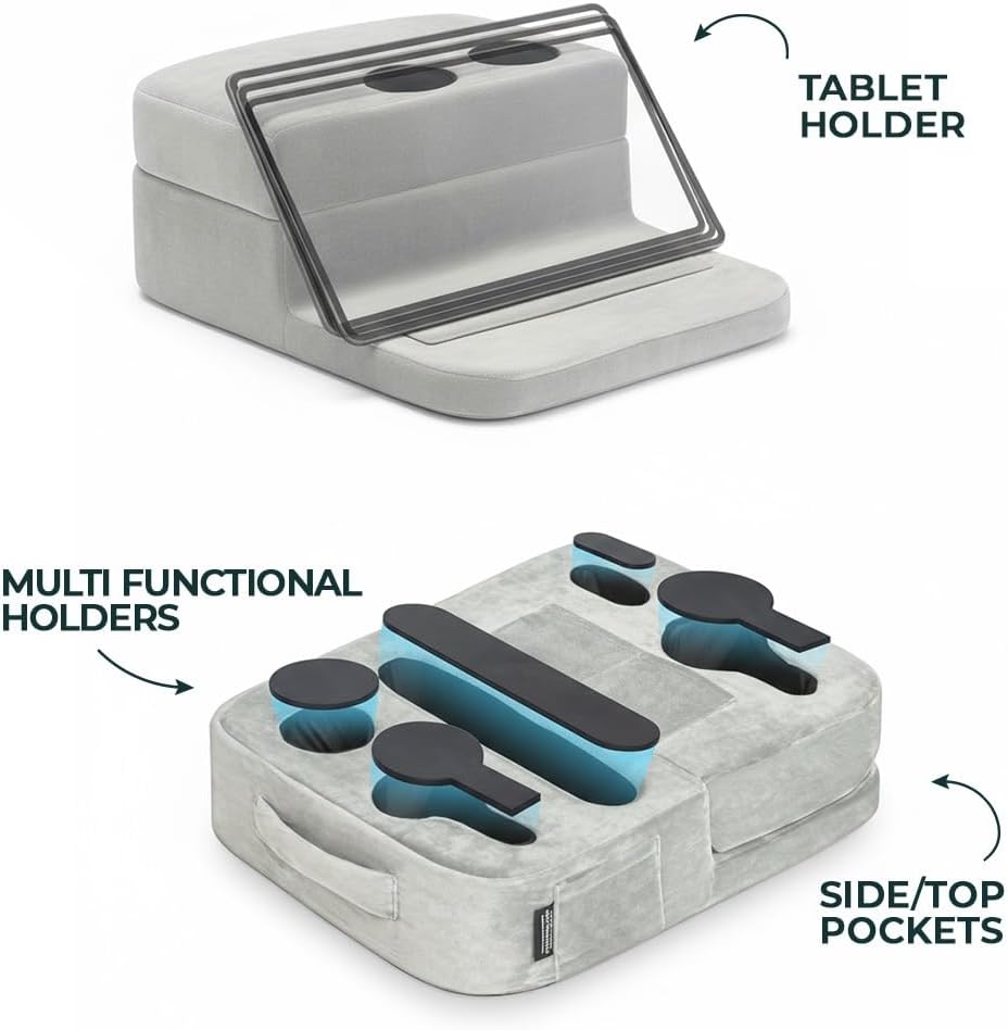 Sofa Cup Holder Tray Pillow - Holds Drinks, Snacks, Remotes & Devices - Cup Holders & Storage Pockets for Couch, Bed Cup Holder (Grey)