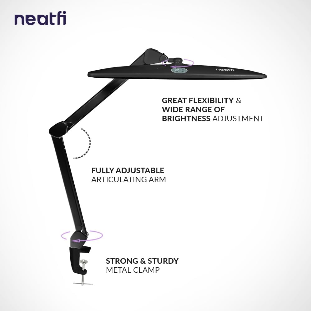 Neatfi Elite HD XL Task Lamp | 22-Inch Wide | 2,260 Lumens | 3 Color Temperature Modes | Non-Polar Dimming Desk Lamp (CCT with Clamp, Black)