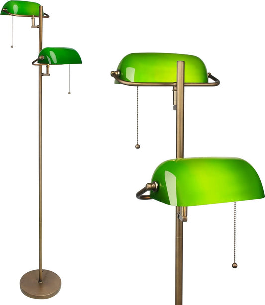 FIRVRE Green Glass Bankers Floor Lamp Classic Vintage Standing Lamp with Pull Chain Switch Adjustable Arm Reading Floor Light for Bedroom Headboard Workplace Office Piano Style Lamp