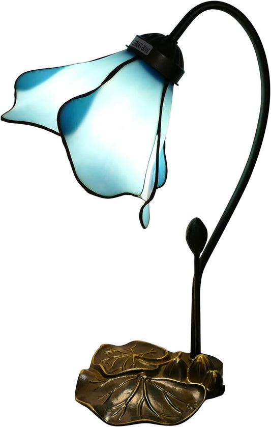 Tiffany Table Lamp Blue Lotus Stained Glass Lamp 8" Wide 14" Tall Bedside Table Light Desk Lamps Vintage Reading Lamp with Color Changing LED Bulb
