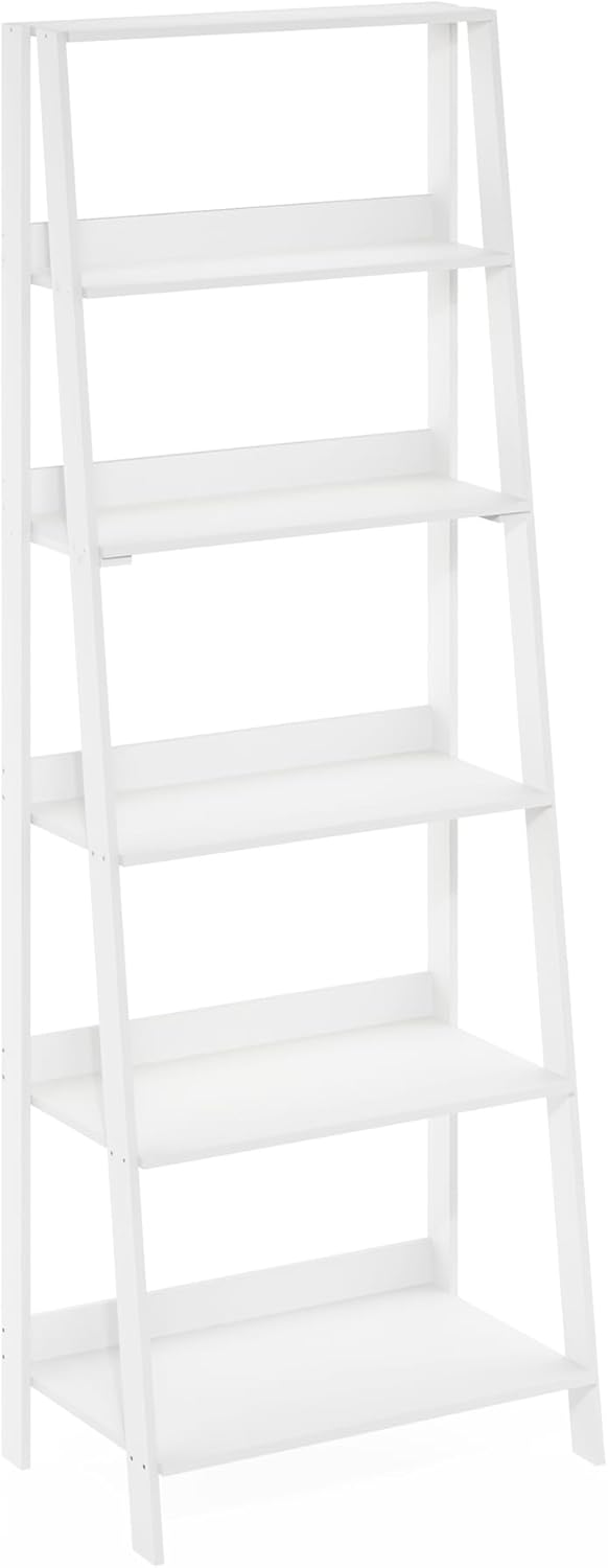 Furinno Ladder Book Shelf, 6-Tier Ladder Shelf, Open Design Bookshelf, Display Storage Bookcase, 14.8" x 23.6" x 66.2", Living Room, Home Office, White