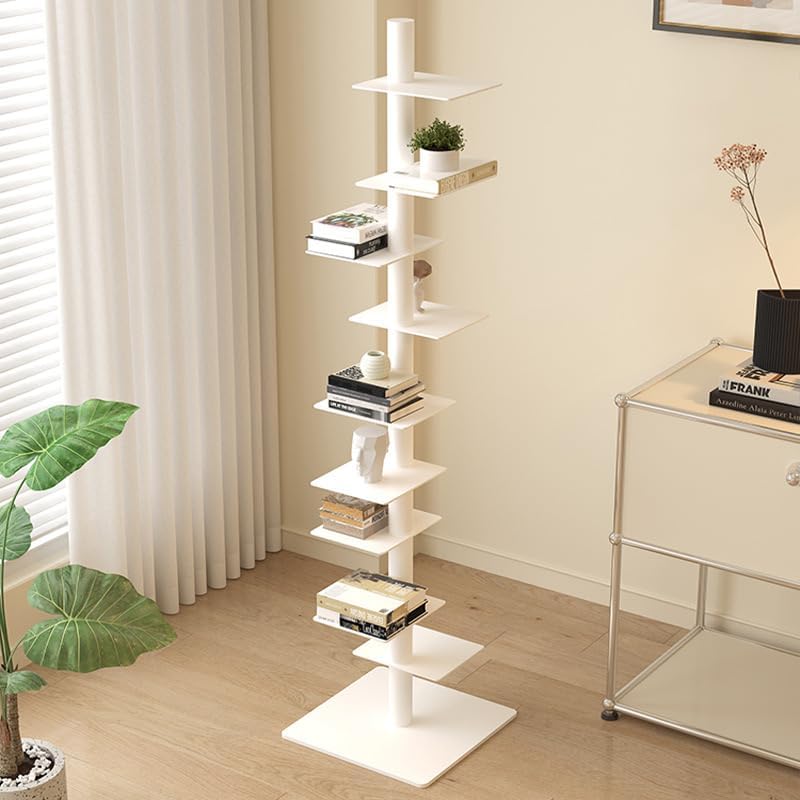 9-Tier Metal Spine Bookshelf, Modern Style, Suitable for Small Spaces, Rotatable, 9 Shelves, White