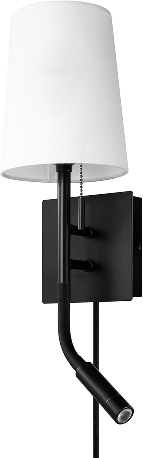 Globe Electric 1-Light Plug-in or Hardwired Wall Sconce with LED Integrated Reading Light, USB-A Port, USB-C Port, Matte Black, White Fabric Shade, On-Off Pull Chain and Rocker Switch
