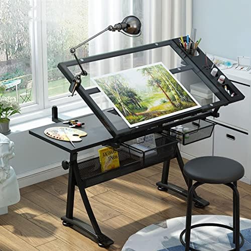 Drawing Tilting Tablet,Drafting Desk, Glass Top Drafting Table, Height Adjustable Drawing Desk Art Table, Tiltable Tabletop Art Craft Desk Paintings Work Station, 2 Drawers,