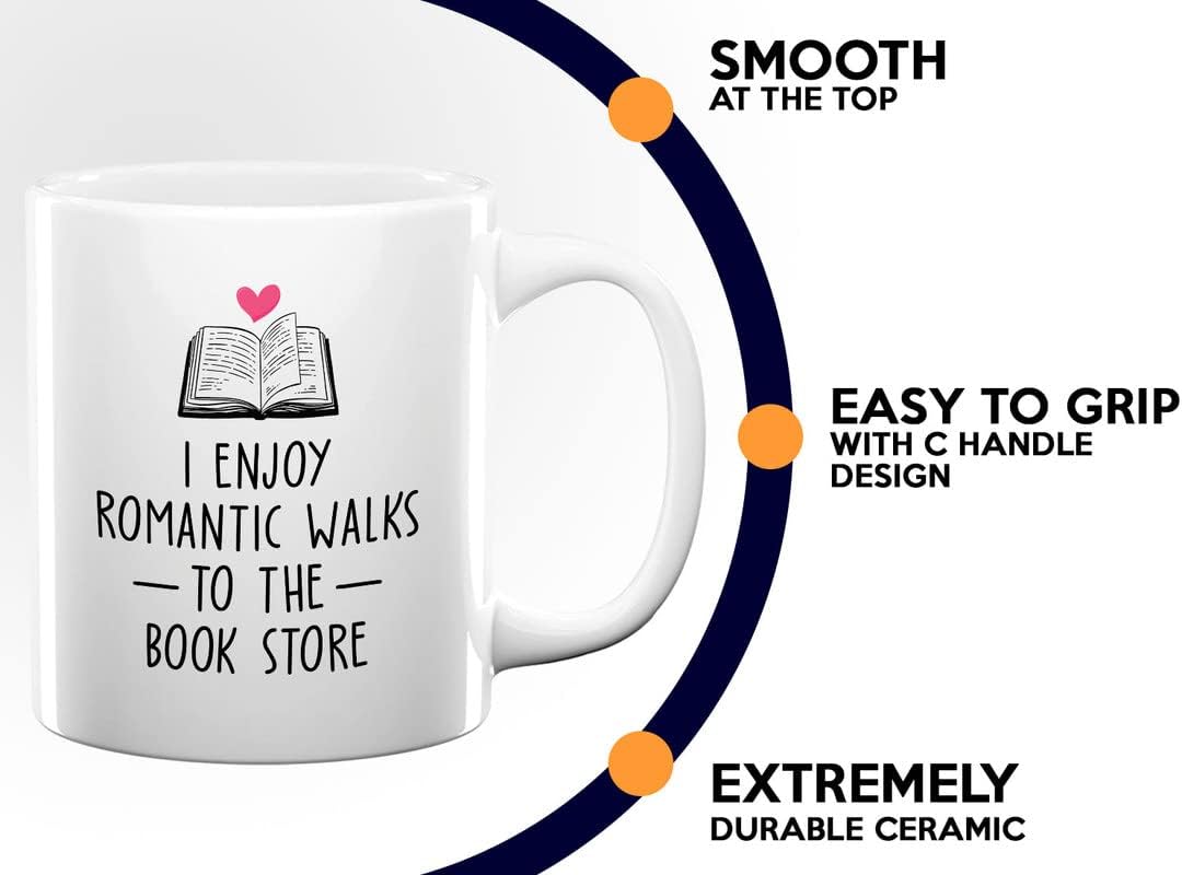 Reading Lover Coffee Mug 11oz White - I Enjoy Romantic Walks To The Book Store - Gift For Poets Bookish People Bibliophile Librarian Book Club Reader