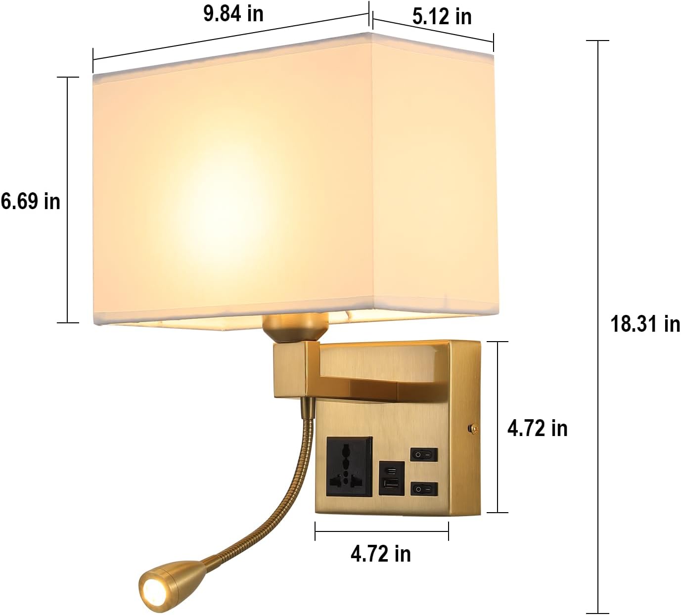Wall Lamp for Bedroom Living Room Office Hotel, Plug in Wall Sconce with AC Outlet & USB Charging Port, Wall Mount Reading Light 360°Adjustable, Gold Headboard Lamp With 3 Color Temperature