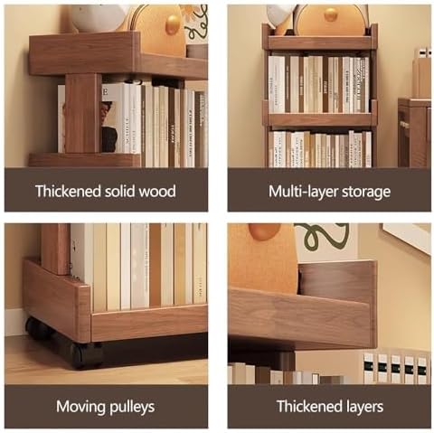 Mobile Small Wood Book Shelf with Wheels - Narrow Corner Bookcase, Modern Floor Standing Storage Shelves for Living Room, Creative Design (17.7"x12.6"x40.9")