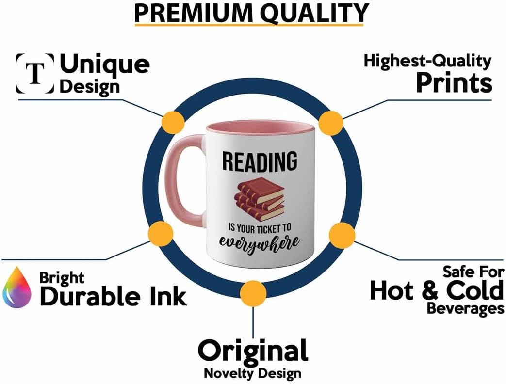 Bookish 2Tone Mug 11oz Pink -Reading ticket to everywhere - Novel enthusiast Book Club Librarian Book Lover Writer Reader Bibliophile