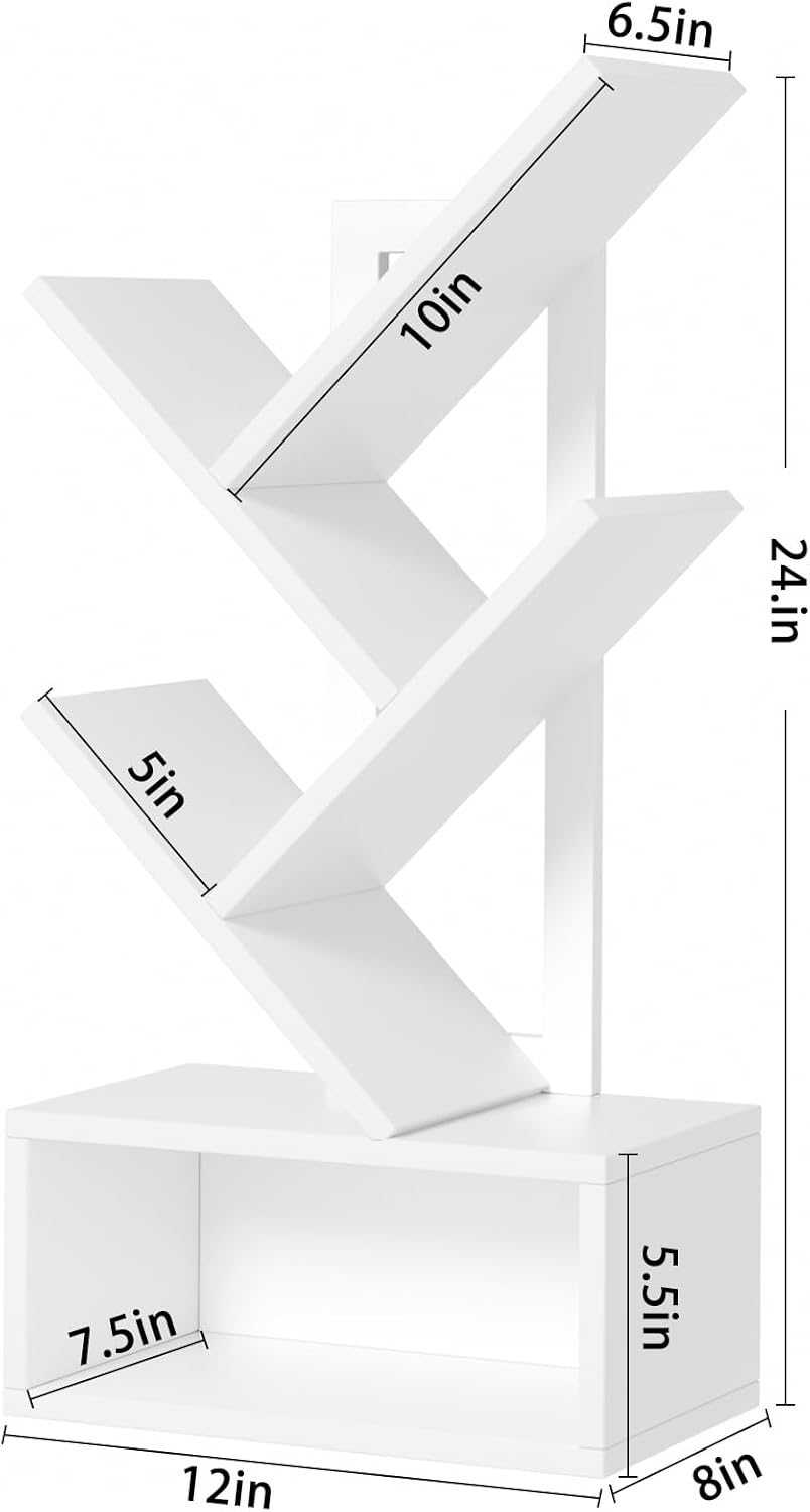 Small Tree Book Shelf,5 Tier Black Tree Bookshelf,White Desktop Bookcase,Modern Desk Display Storage Bookshelves,Floor Standing Organizer Bookcases for Living Room,Bedroom,Office