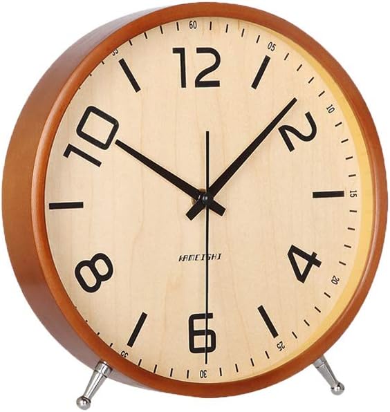 8 Inch Desk Clocks Wood Silent Non-Ticking Battery Operated Analog Table Clock Round Sweep Quartz Wall Clocks for Kids Living Room Bedroom Bedside Large Numerals Decor KSZ828 Brown