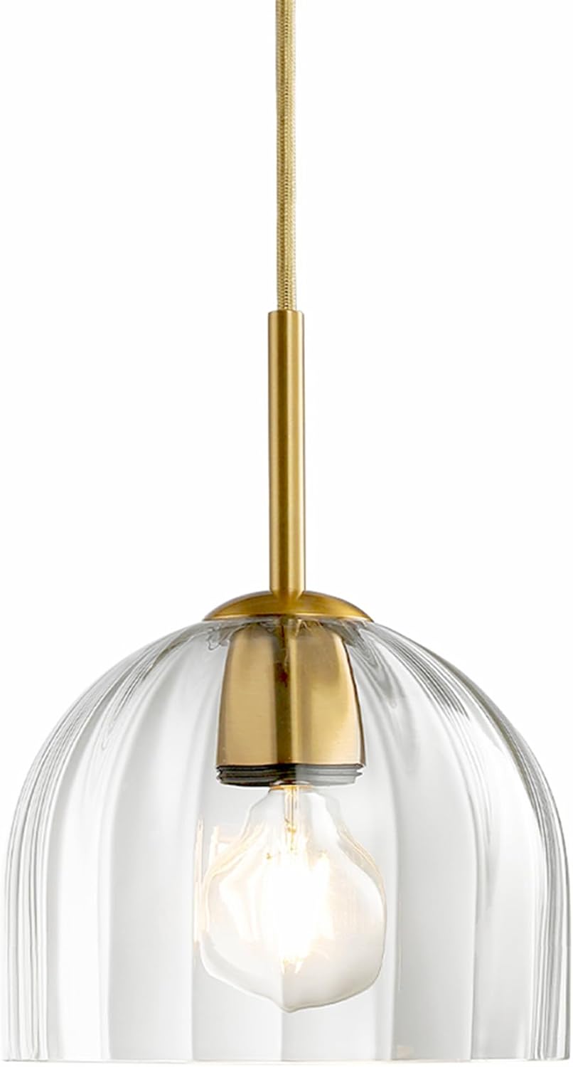 Modern Pendant Light Kitchen Island, Nordic Boho Dome Chandelier, 7.86" Bell Lamp Shape Hanging Ceiling Lighting Fixture with Clear Striped Glass Lampshade Dining Room