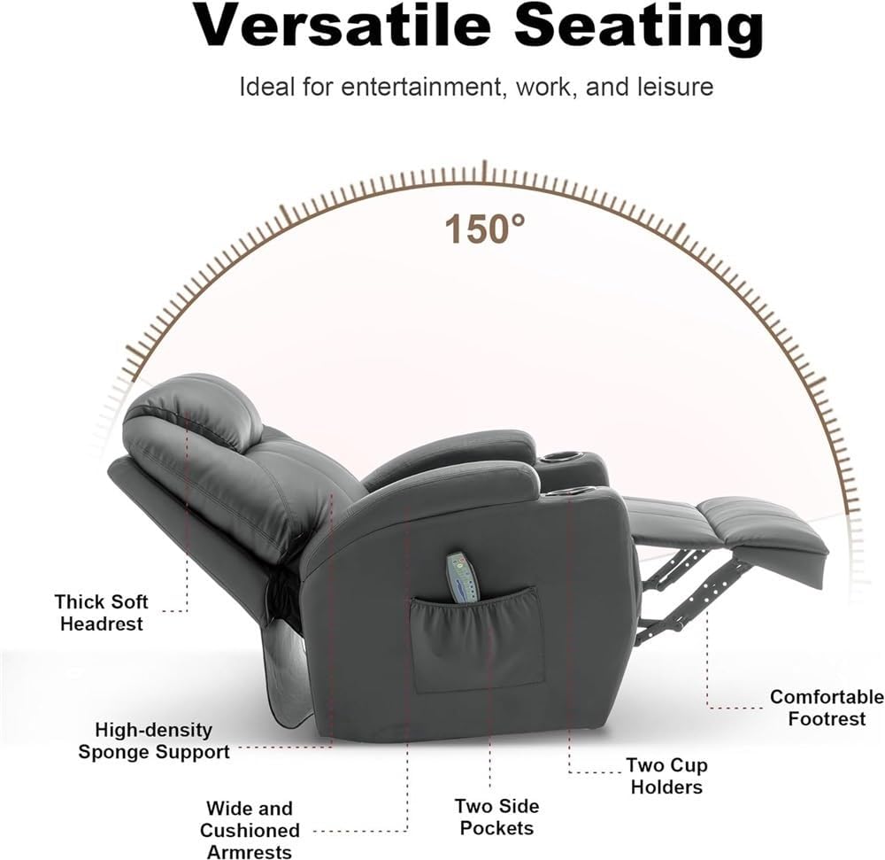 Lazy Power Recliner Chair for Adults with Heat and Massage, 360° Swivel Rocking Recliner with Remote Control and Cup Holder, Comfortable Seating for Home Theater