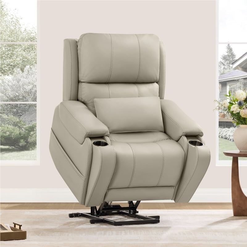 Power Lifting Recliner Chair with Heat and Massage Genuine Leather Electric Lift Chairs Cup Holder Removable Lumbar Pillow for Living Room Bedroom