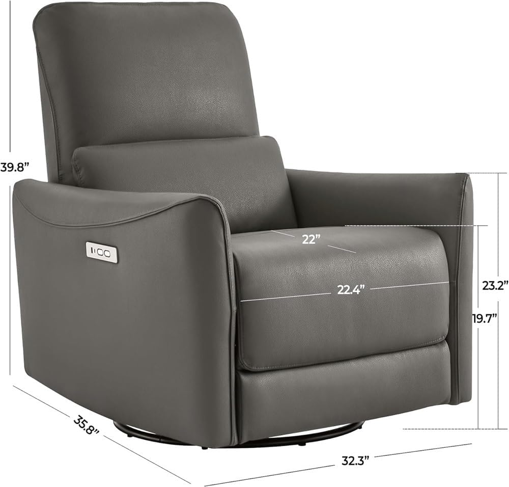 Modern Power Swivel Rocker Chair, Oversized Leather Power Recliner Chair with Charging Port, Comfortable Swivel Chair for Adults, Stylish Grey Reclining Sofa Chair