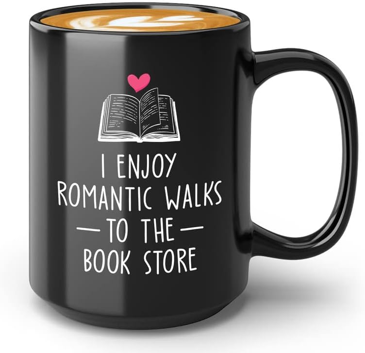 Reading Lover Coffee Mug 15oz Black - I Enjoy Romantic Walks To The Book Store - Gift For Poets Bookish People Bibliophile Librarian Book Club Reader