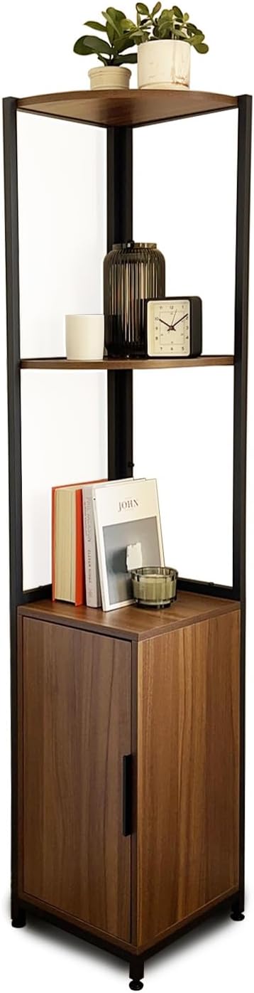 Mitus Corner Shelf Tower with Storage Cabinet, Modern Display Bookshelf Stand, Plant Shelf for House Décor, Living Room, Bar, Office, Kitchen, Bathroom, Bedroom - 65" H Rustic Brown