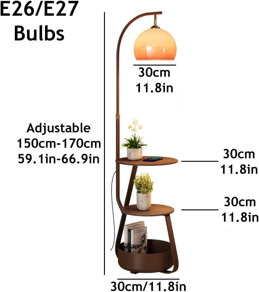Arc Floor Lamp with Wooden Desktop Orange Glass Floor Light Height Adjustable Globe Glass Standing Lamp E26 Dimmable Tall Light for Living Room Bedroom Study Dining Room Reading Room