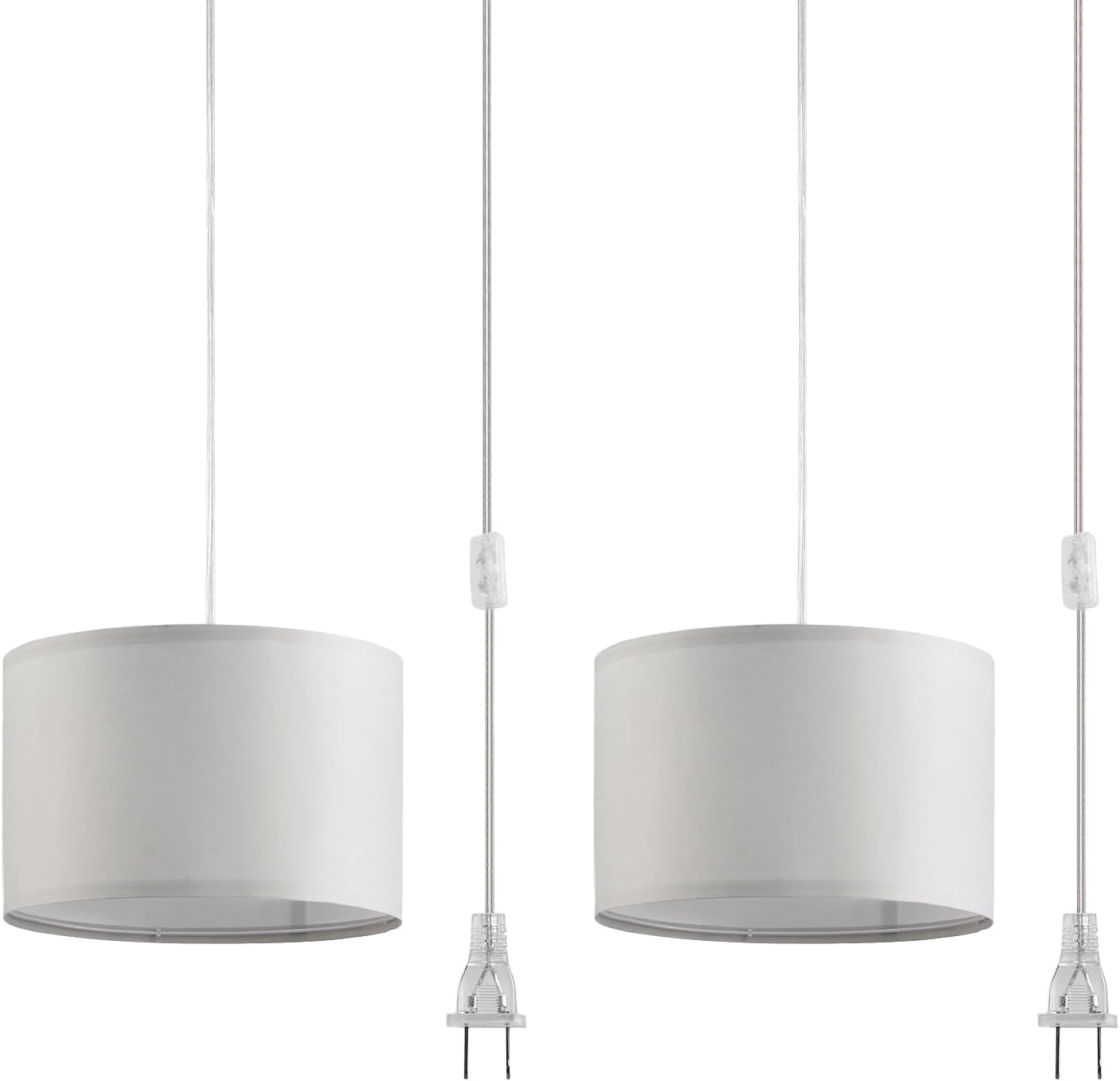 2 Pack Plug in Pendant Light, Hanging Light with 15Ft Clear Cord, On/Off Switch, French Grey Fabric Lamp Shade, Hanging Light Fixture for Bedroom, Kitchen, Living Room, Dining Table