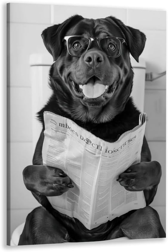 Bathroom Wall Decor Dog Reading Newspaper Black and White Print Pet Art Funny Dog Poster Canvas Wall Prints Poster Modern Home Aesthetic Decor Wall Art for Bedroom Dorm Framed20x30inch