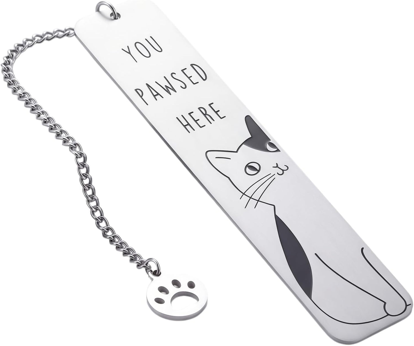Cat Bookmark for Cat Lovers, You Pawsed Here Engraved Metal Bookmark with Paw Charm, Cute Book Lover Gifts for Women Men, Reading Accessories & Cat Gifts