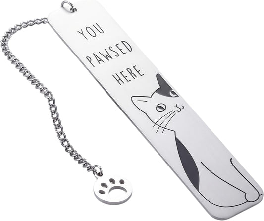 Cat Bookmark for Cat Lovers, You Pawsed Here Engraved Metal Bookmark with Paw Charm, Cute Book Lover Gifts for Women Men, Reading Accessories & Cat Gifts