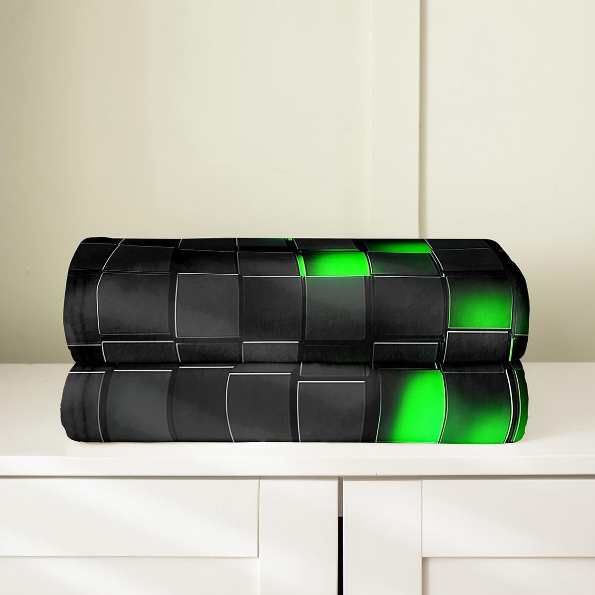 Castle Fairy Neon Green Black Flannel Blankets,Geometric Honeycomb Fleece Blanket,Kids Girls Boys Adult 3D Square Block Fuzzy Blankets Cool Modern Sherpa Blanket Chair Sofa Bed Decor,60"×80"
