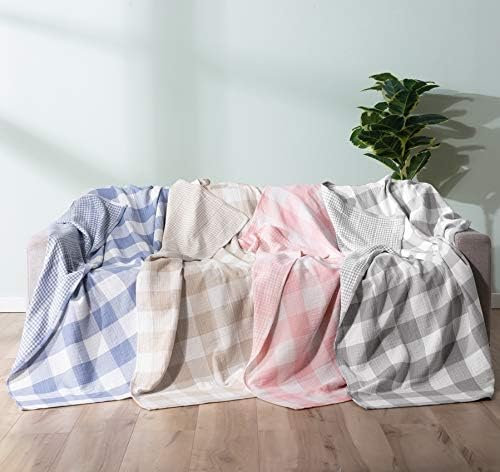Cotton Muslin Throw Blanket with Buffalo Check Pattern, Vintage Indoor and Outdoor Use, Reversible and Breathable Fabric for Yard Picnics, 47" x 60" Bedding or Chair Cover, Pink