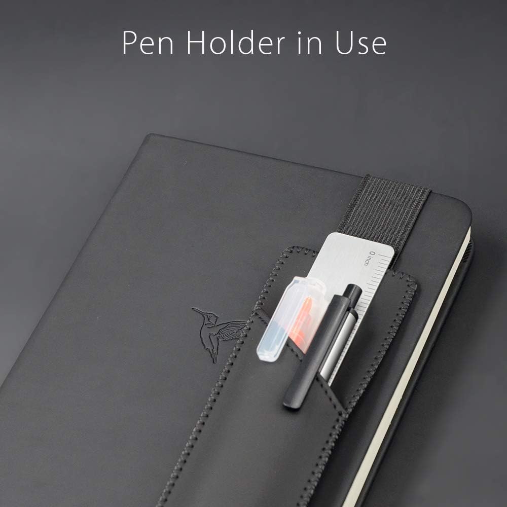 Adjustable Elastic Band Pen Holder, Pencil Holder, Pen Sleeve Pouch for Hardcover Journals, Notebooks, Planners, Binders, Fit Notebooks from 8" to 11” in Height, PU Leather, Detachable, Black