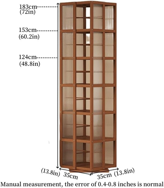 360° Rotating Floor Standing Bookshelf, Tall Open Design Revolving Bookcase with Acrylic, Space-Saving Display Shelf for Study or Living Room (Brown, 72x13.8x13.8in)