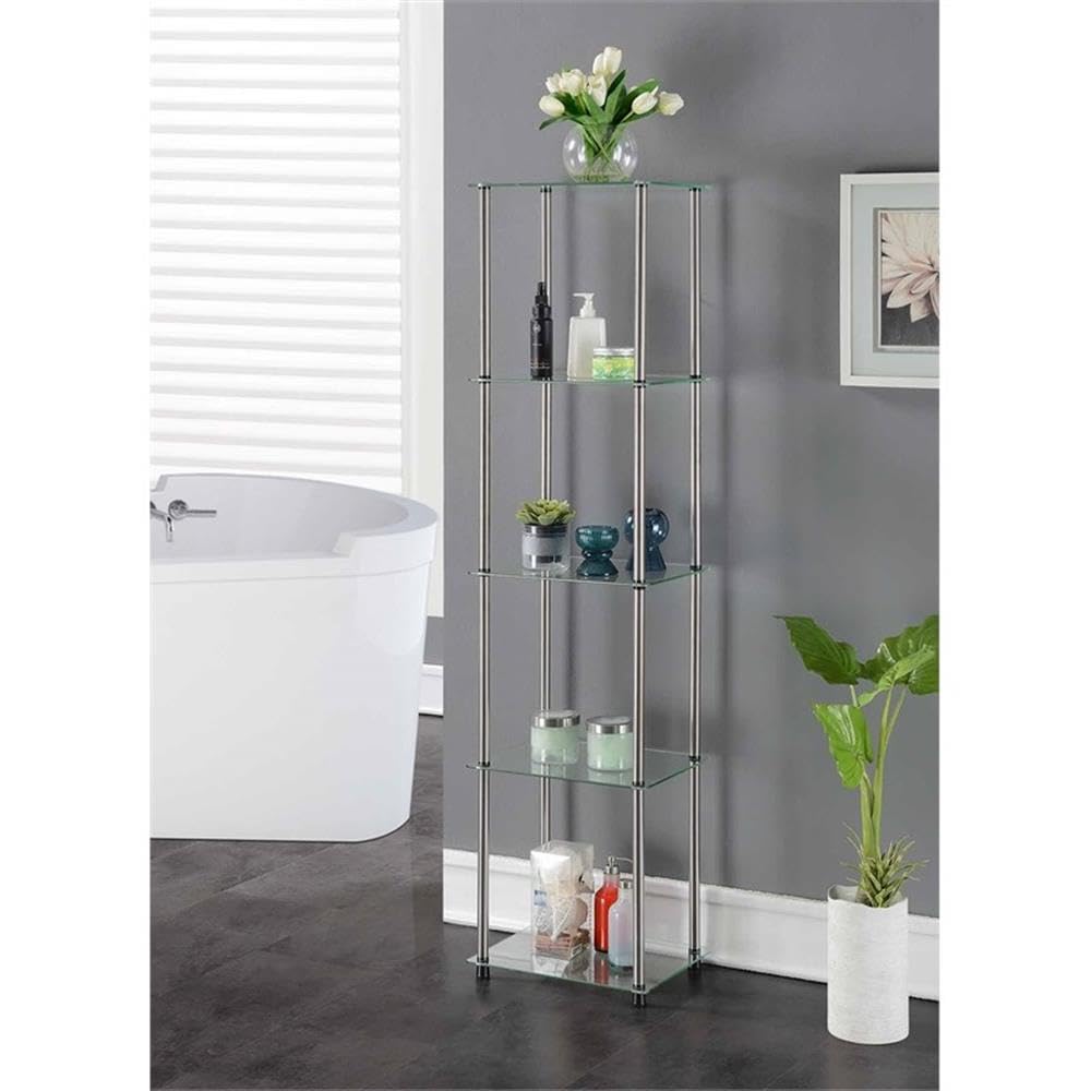 Convenience Concepts Designs2Go Classic Glass 5 Tier Tower 15.75" - Modern Media Storage Bookshelf for Living Room, Display Bookcase for Family Room, Bedroom, Bathroom, Office, Glass/Chrome