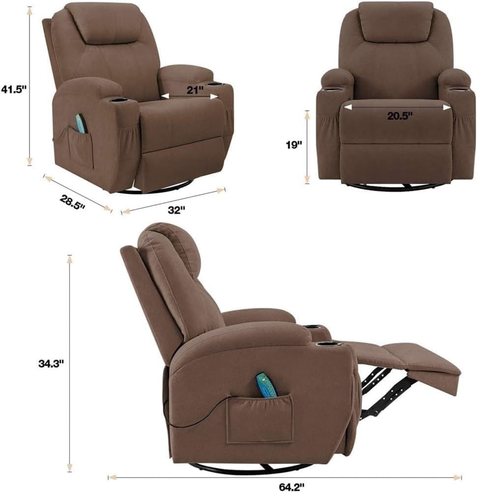 360 Swivel Rocker Recliner Chair with Massage and Heating Ergonomic Lounge Sofa Comfortable Rocking Recliner with Cup Holders Side Pockets for Home Theater Seating